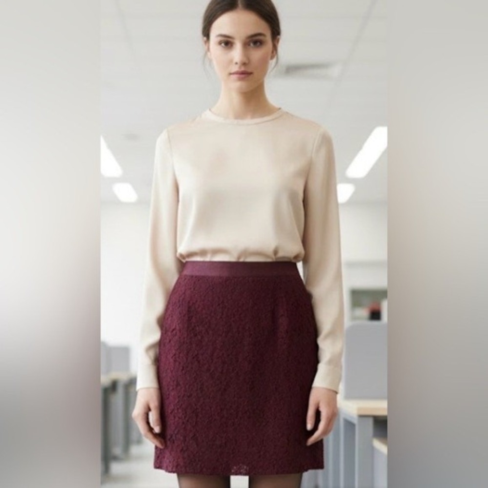 J Crew‎ Maroon Lace Pencil Skirt Women's Cotton Blend